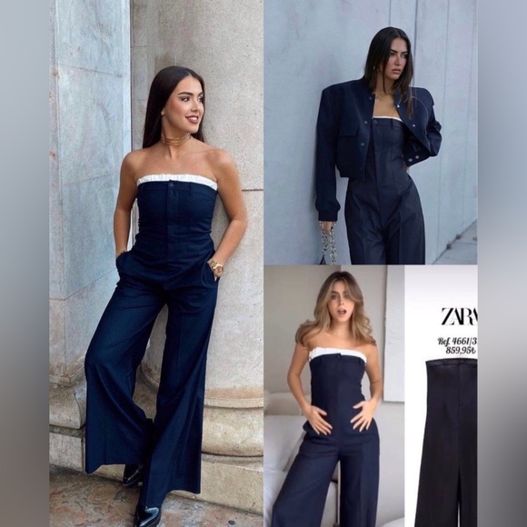 Zara Pants - BNWT Zara navy and white wide leg jumpsuit